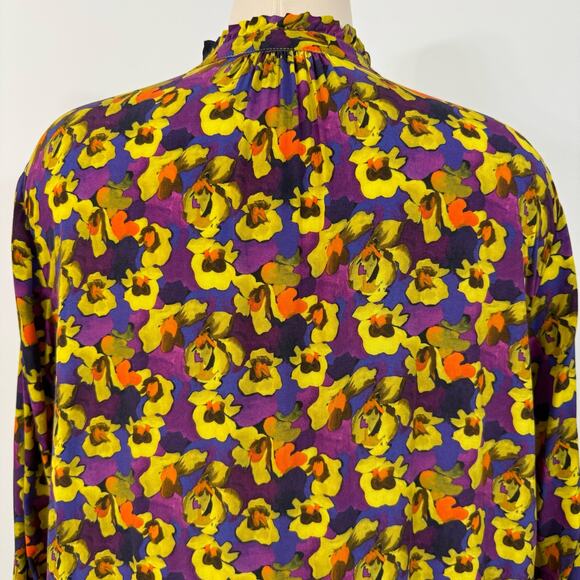 0039 Italy Button-Down Shift Shirt Dress Floral Purple Yellow XS Oversized - Picture 7 of 10